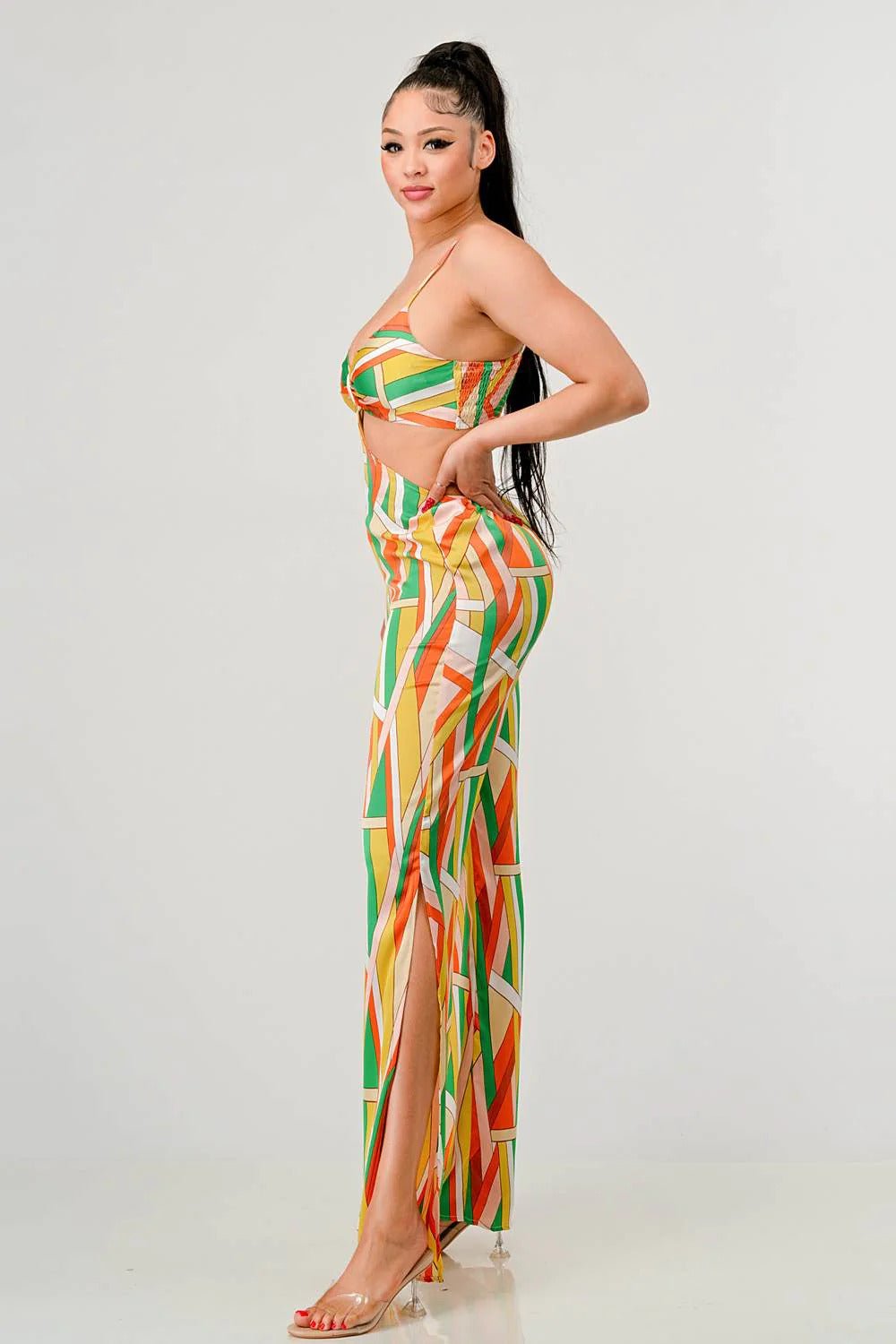 Luxe geo print satin bra top and palazzo jumpsuit - Passion 4 Fashion USA