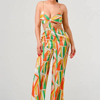 Luxe geo print satin bra top and palazzo jumpsuit - Passion 4 Fashion USA