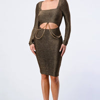 Luxe Waist Gold Chain Cut-out Detail Square Neck Glitter Bodycon Dress - Passion 4 Fashion USA