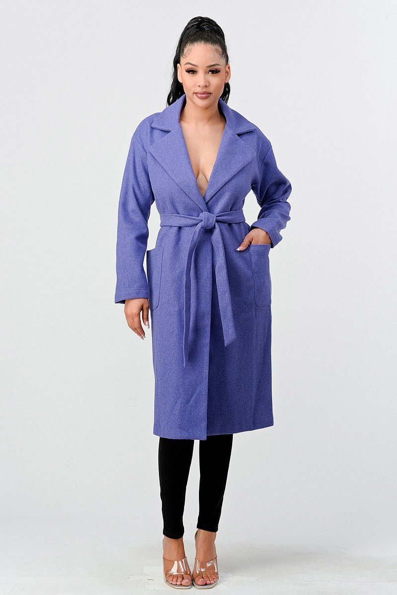 Luxe Wool Waist Tie Side Pockets Midi Length Coat - Passion 4 Fashion USA