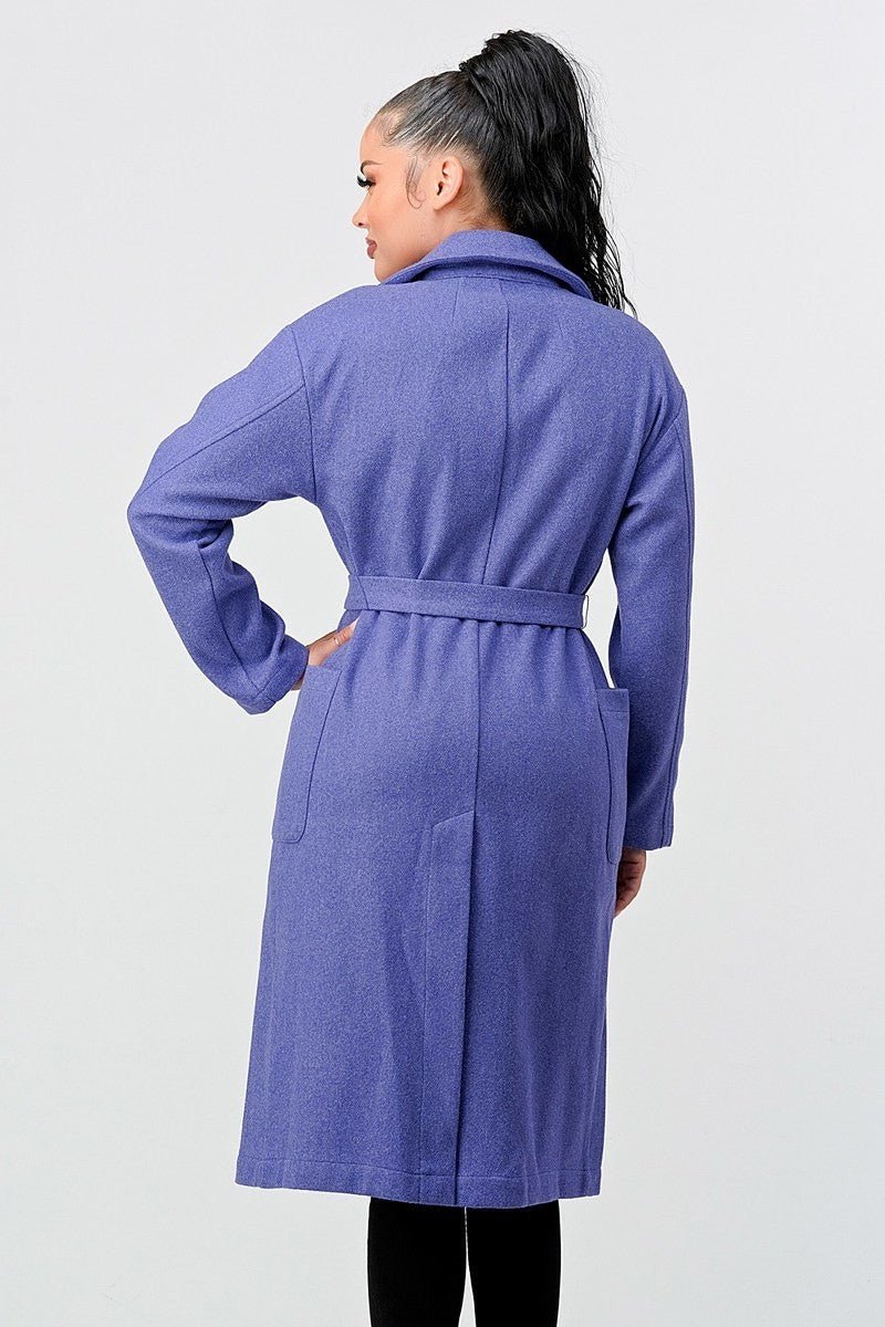 Luxe Wool Waist Tie Side Pockets Midi Length Coat - Passion 4 Fashion USA