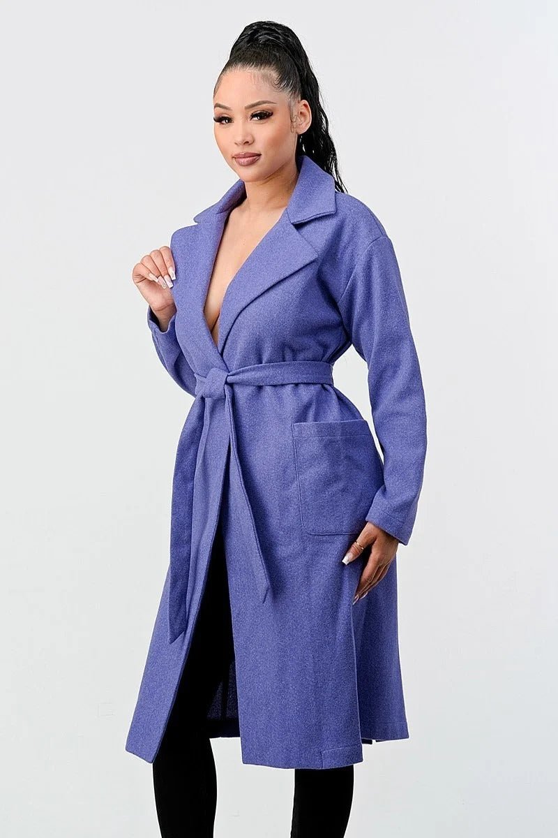Luxe Wool Waist Tie Side Pockets Midi Length Coat - Passion 4 Fashion USA