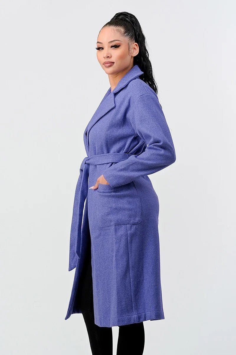 Luxe Wool Waist Tie Side Pockets Midi Length Coat - Passion 4 Fashion USA
