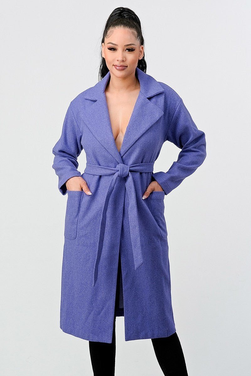 Luxe Wool Waist Tie Side Pockets Midi Length Coat - Passion 4 Fashion USA