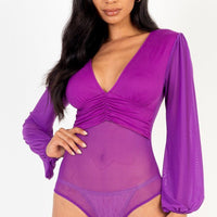 Mesh long sleeve deep v-neck bodysuit - Passion 4 Fashion USA