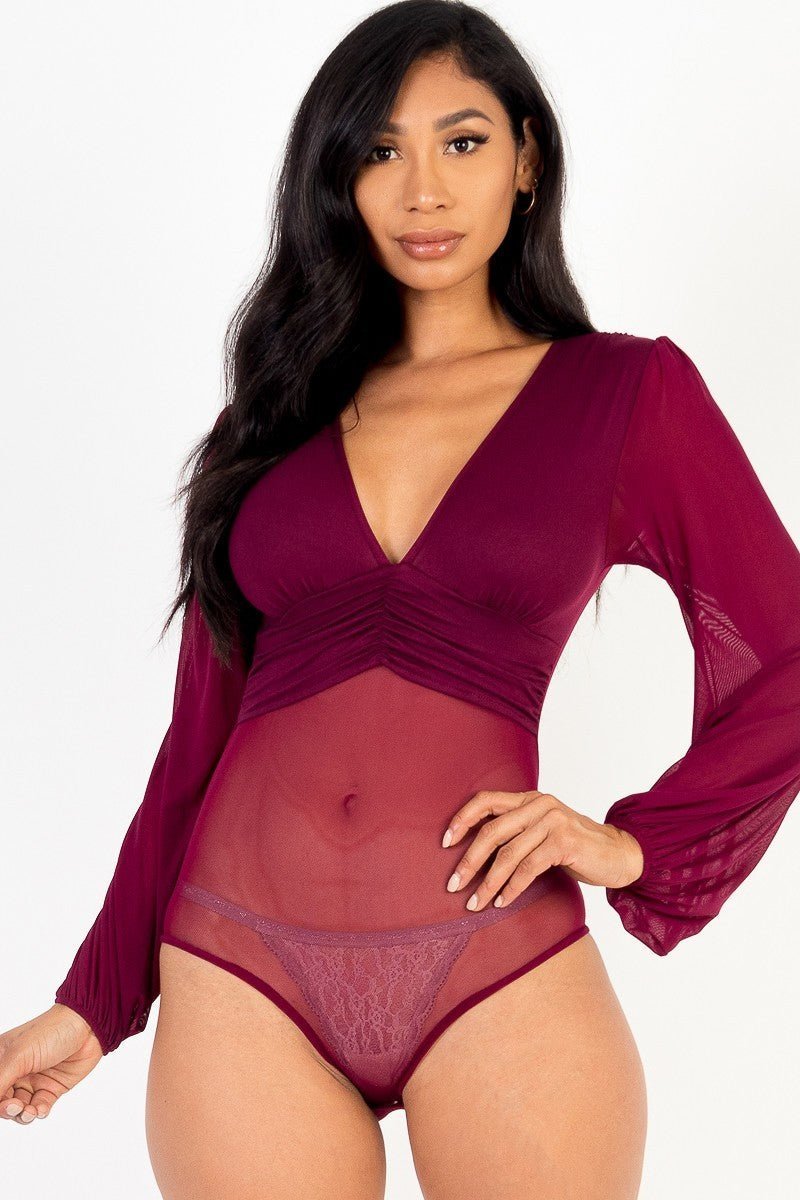 Mesh long sleeve deep v-neck bodysuit - Passion 4 Fashion USA