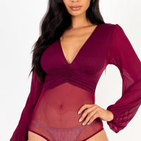 Mesh long sleeve deep v-neck bodysuit - Passion 4 Fashion USA