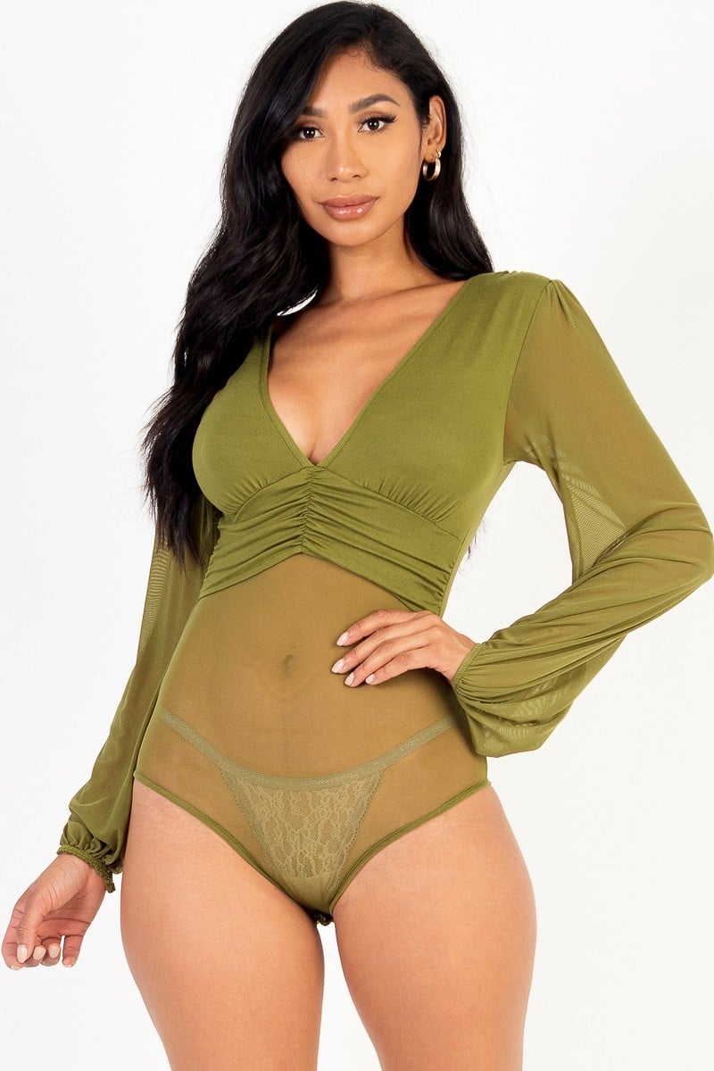 Mesh long sleeve deep v-neck bodysuit - Passion 4 Fashion USA