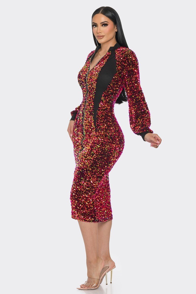 Midi 2 Way Zip Up Sequin Contrast Dress - Passion 4 Fashion USA