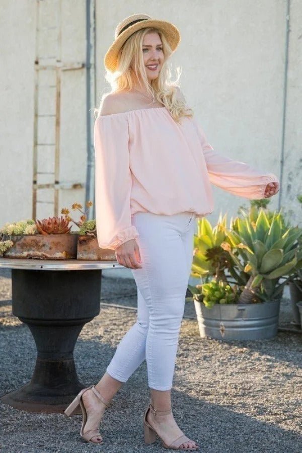 Off Shoulder Long Bubble Sleeve Solid Top - Passion 4 Fashion USA