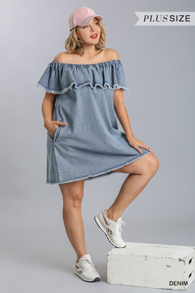 Off Shoulder Ruffled Denim Dress With Frayed Hem & Pockets - Passion 4 Fashion USA