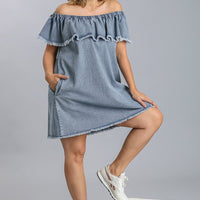 Off Shoulder Ruffled Denim Dress With Frayed Hem & Pockets - Passion 4 Fashion USA