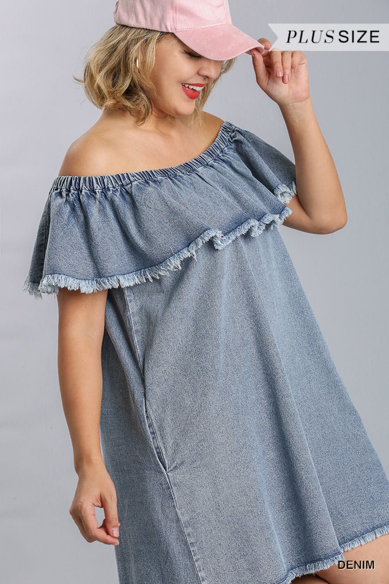 Off Shoulder Ruffled Denim Dress With Frayed Hem & Pockets - Passion 4 Fashion USA