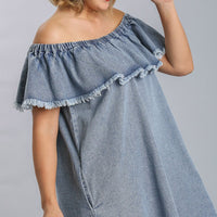 Off Shoulder Ruffled Denim Dress With Frayed Hem & Pockets - Passion 4 Fashion USA