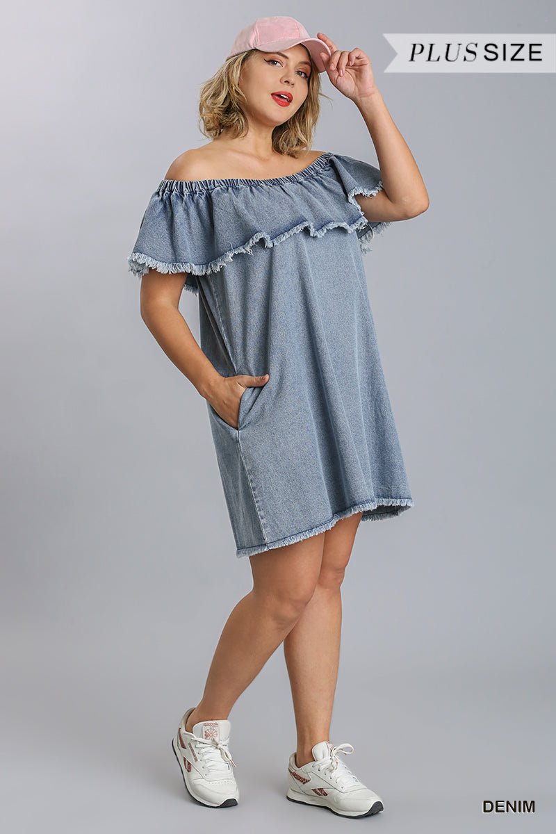 Off Shoulder Ruffled Denim Dress With Frayed Hem & Pockets - Passion 4 Fashion USA