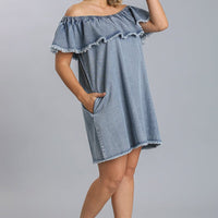 Off Shoulder Ruffled Denim Dress With Frayed Hem & Pockets - Passion 4 Fashion USA