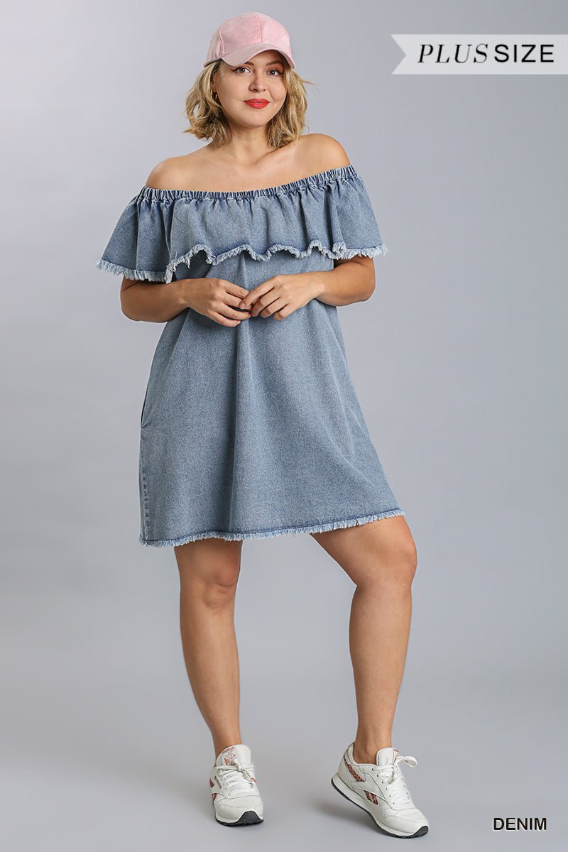 Off Shoulder Ruffled Denim Dress With Frayed Hem & Pockets - Passion 4 Fashion USA