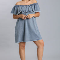 Off Shoulder Ruffled Denim Dress With Frayed Hem & Pockets - Passion 4 Fashion USA