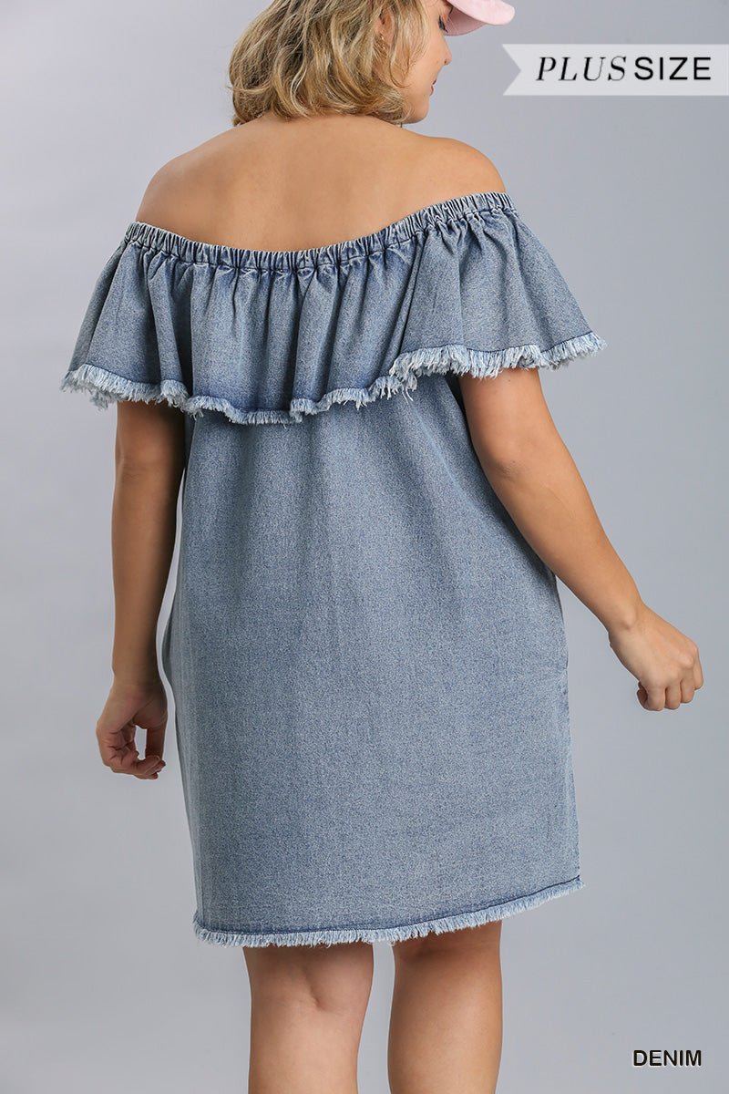 Off Shoulder Ruffled Denim Dress With Frayed Hem & Pockets - Passion 4 Fashion USA