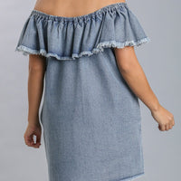 Off Shoulder Ruffled Denim Dress With Frayed Hem & Pockets - Passion 4 Fashion USA