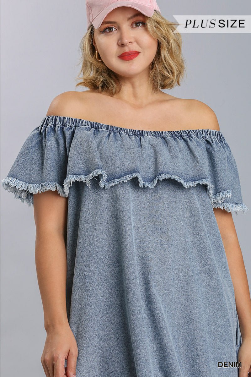 Off Shoulder Ruffled Denim Dress With Frayed Hem & Pockets - Passion 4 Fashion USA