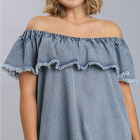 Off Shoulder Ruffled Denim Dress With Frayed Hem & Pockets - Passion 4 Fashion USA