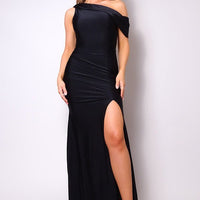 One Shoulder Draped Side Slit Maxi Dress - Passion 4 Fashion USA