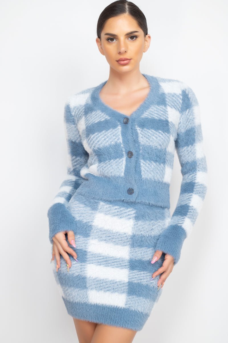 Plaid Button-front Cropped Sweater Cardigan - Passion 4 Fashion USA