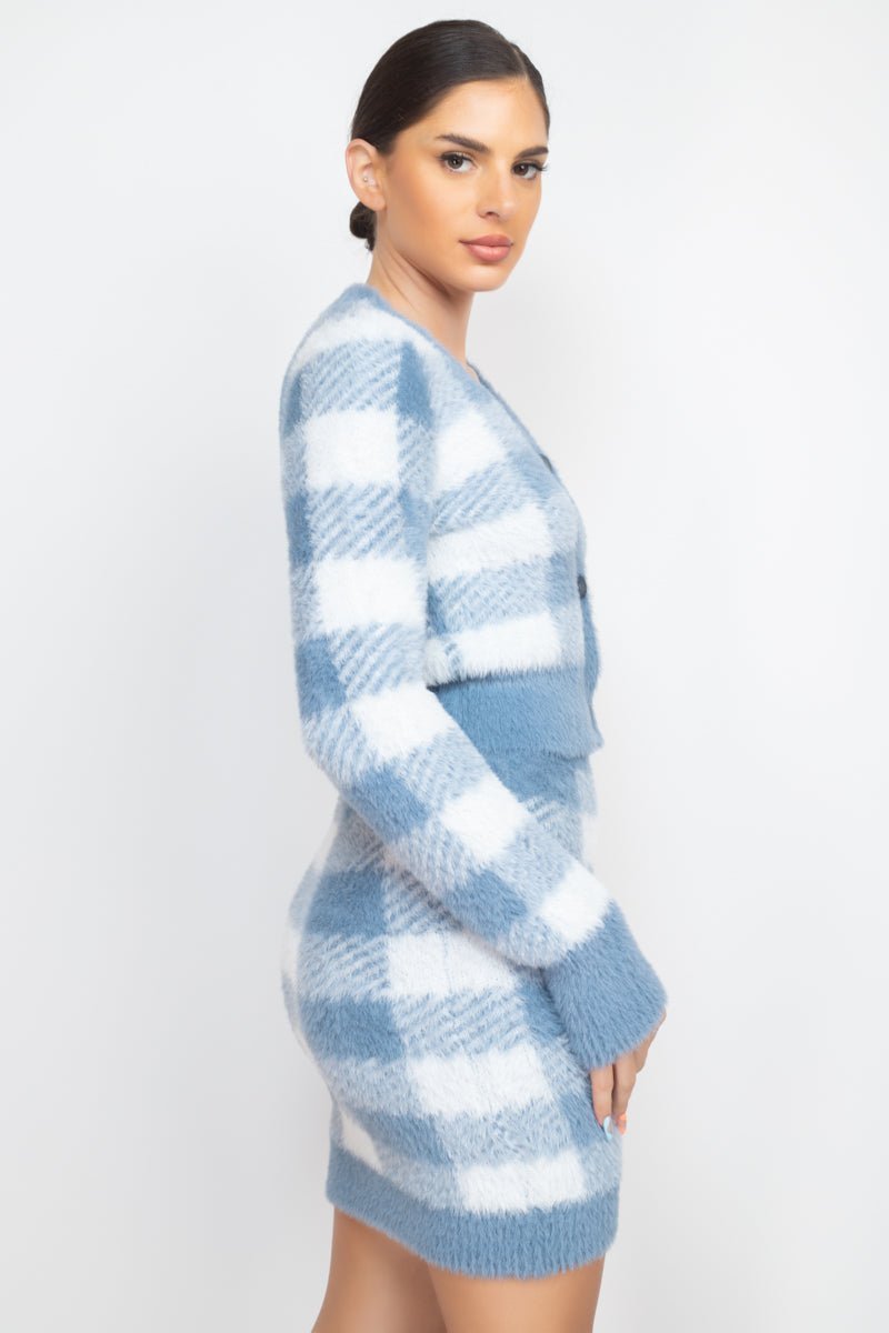 Plaid Button-front Cropped Sweater Cardigan - Passion 4 Fashion USA
