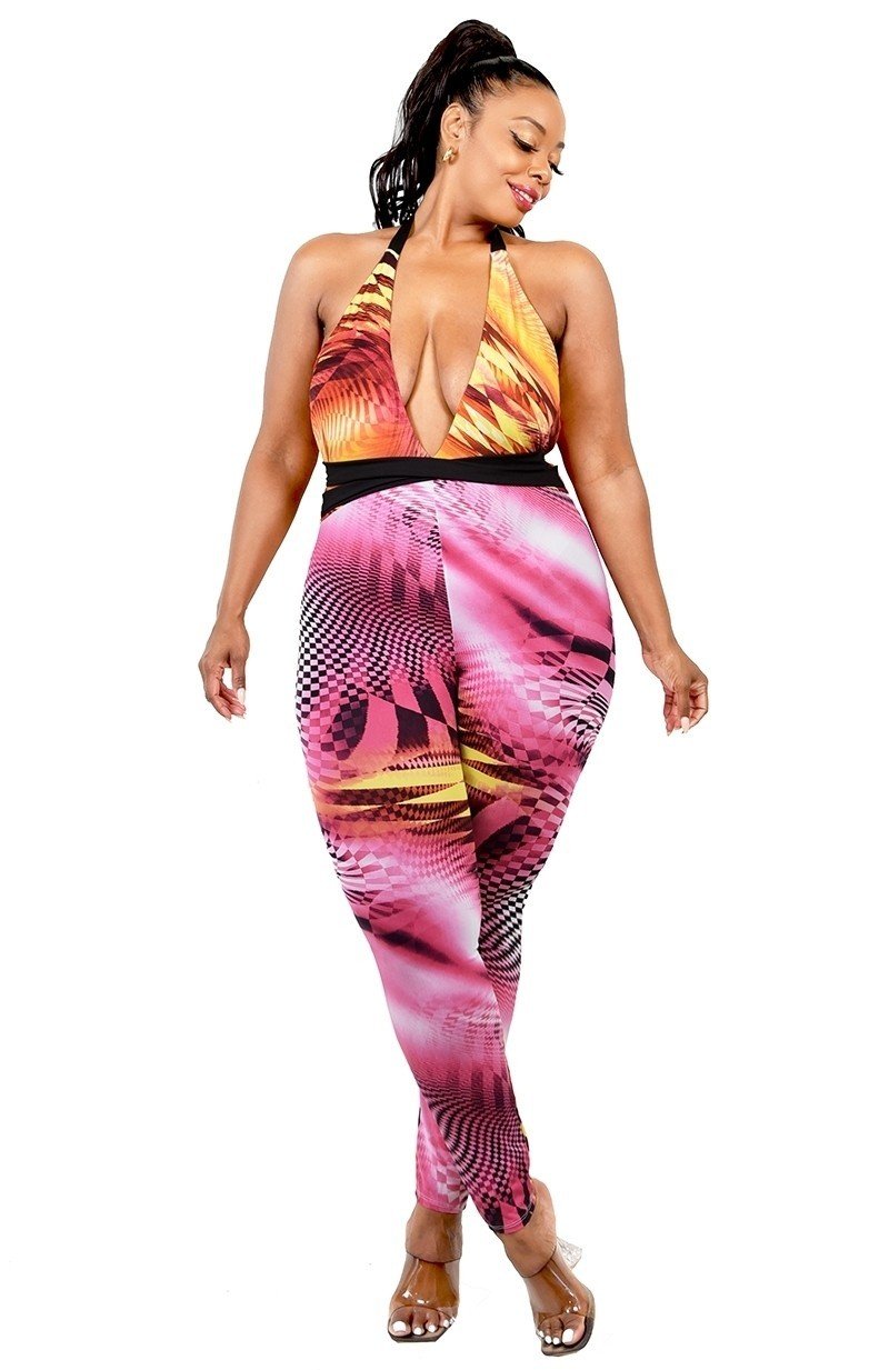 Plus Color Pattern Criss Cross Mock Neck Jumpsuit - Passion 4 Fashion USA