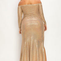 Plus Long Sleeve Off Shoulder Sequin Fabric (metallic) Party Maxi Dress - Passion 4 Fashion USA