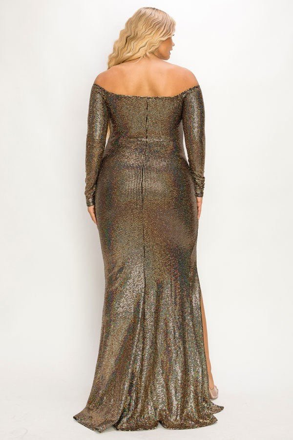 Plus Long Sleeve Off Shoulder Sequin Fabric (metallic) Party Maxi Dress - Passion 4 Fashion USA