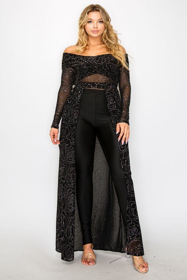 Plus Mesh Glitter See-through -cross Shoulder Wrap Maxi Dress - Passion 4 Fashion USA