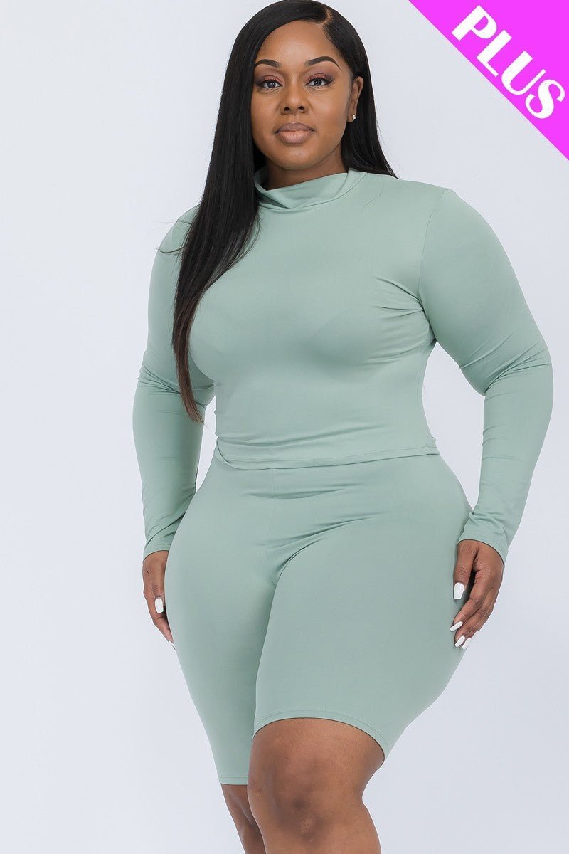 Plus Mock Neck Top & Biker Shorts Set - Passion 4 Fashion USA