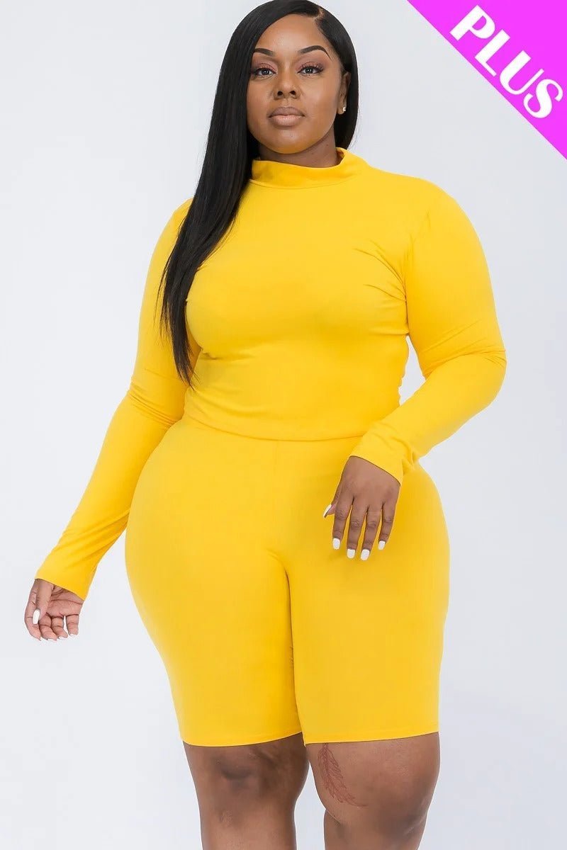 Plus Mock Neck Top & Biker Shorts Set - Passion 4 Fashion USA