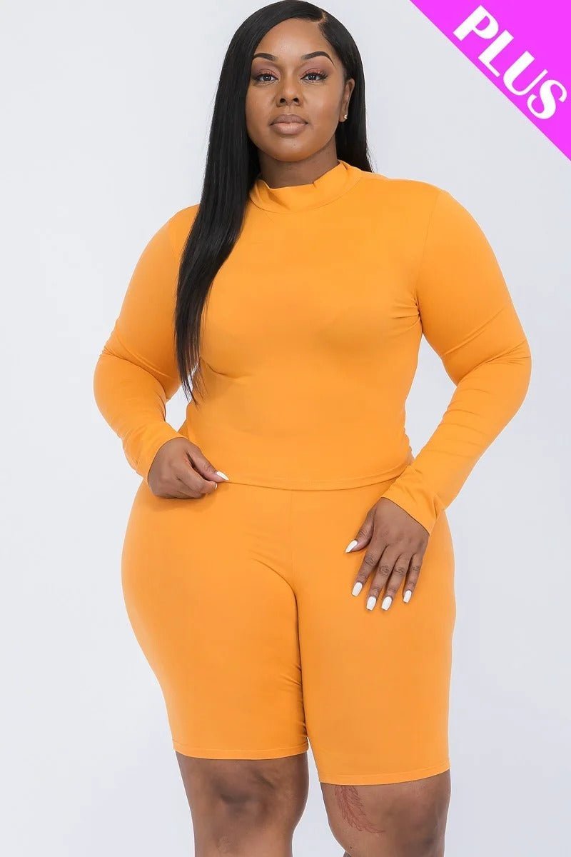 Plus Mock Neck Top & Biker Shorts Set - Passion 4 Fashion USA
