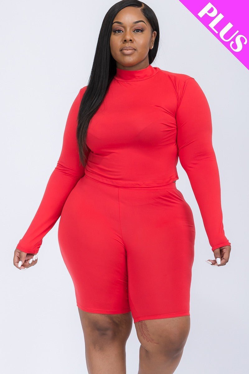 Plus Mock Neck Top & Biker Shorts Set - Passion 4 Fashion USA