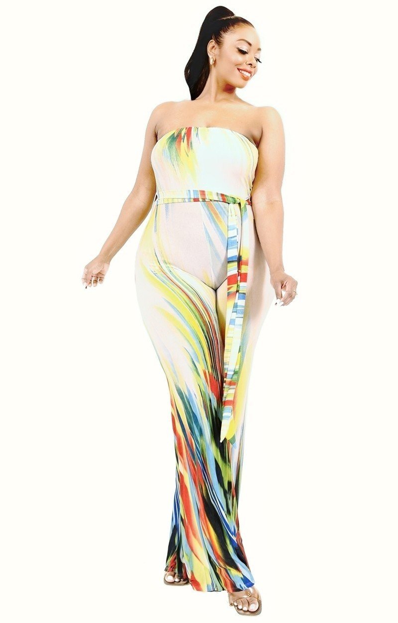 Plus Off Shoulder Color Brushed Tie Waist Jumpsuit - Passion 4 Fashion USA