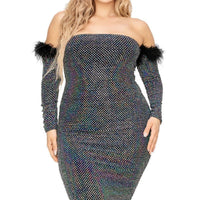 Plus Off Shoulder Feather Trim Detail Sequin Dress - Passion 4 Fashion USA
