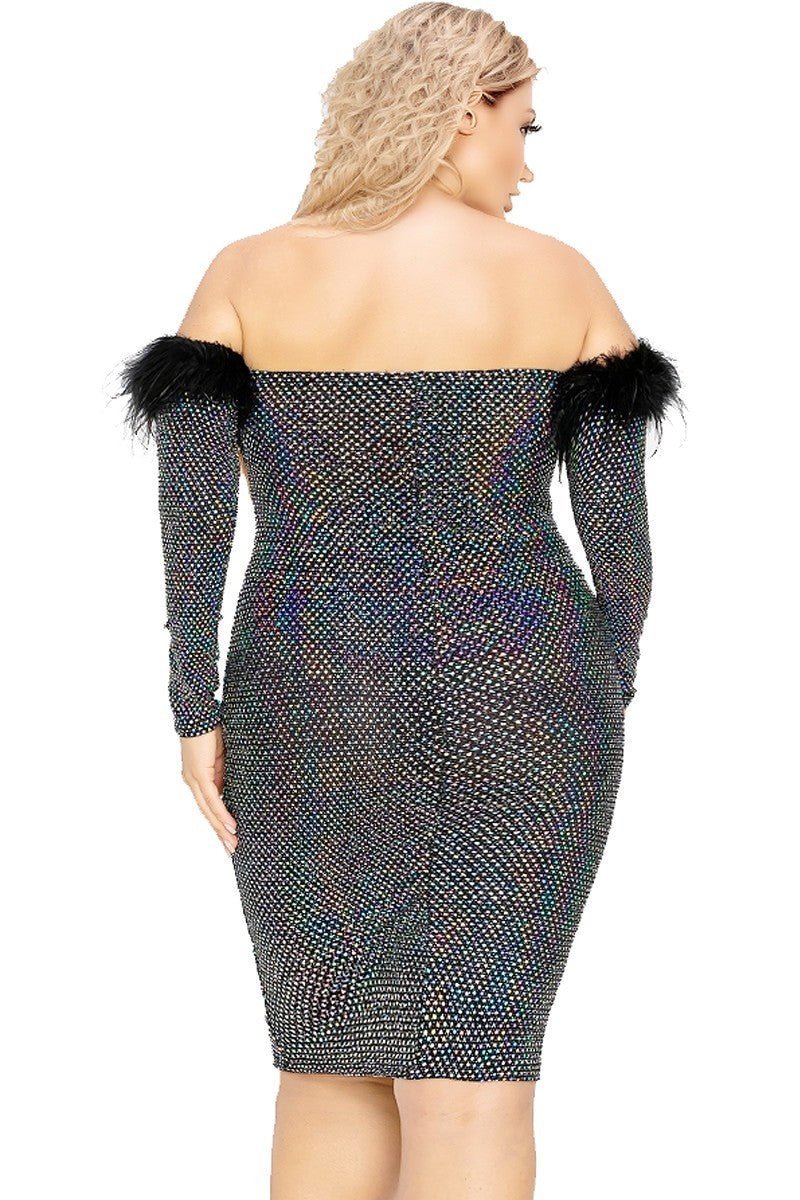 Plus Off Shoulder Feather Trim Detail Sequin Dress - Passion 4 Fashion USA