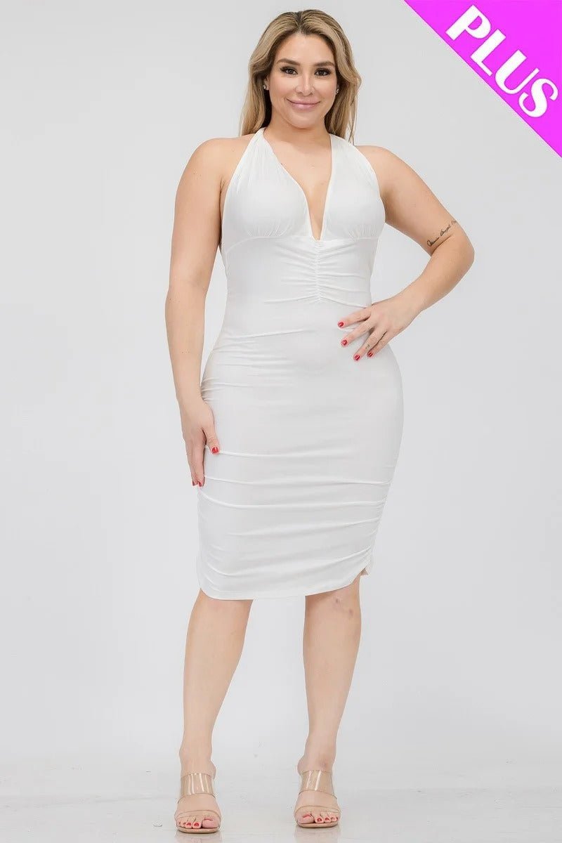 Plus Plunging Neck Crisscross Back Ruched Bodycon Mini Dress - Passion 4 Fashion USA