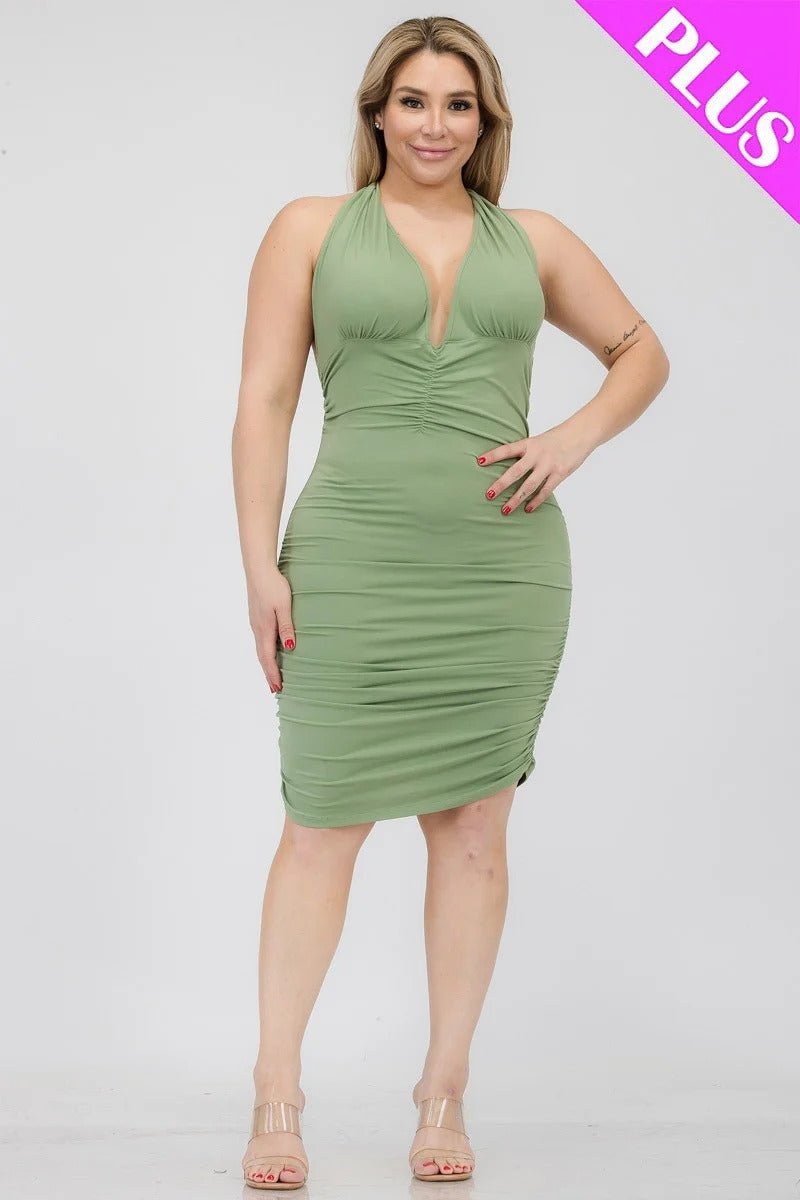 Plus Plunging Neck Crisscross Back Ruched Bodycon Mini Dress - Passion 4 Fashion USA