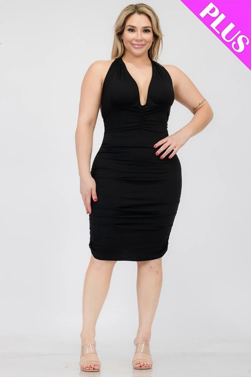 Plus Plunging Neck Crisscross Back Ruched Bodycon Mini Dress - Passion 4 Fashion USA