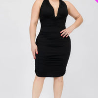 Plus Plunging Neck Crisscross Back Ruched Bodycon Mini Dress - Passion 4 Fashion USA