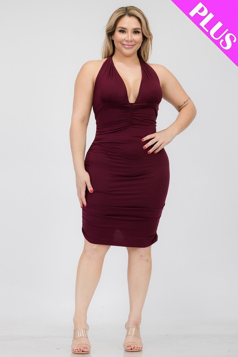 Plus Plunging Neck Crisscross Back Ruched Bodycon Mini Dress - Passion 4 Fashion USA
