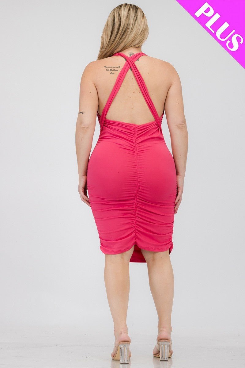 Plus Plunging Neck Crisscross Back Ruched Bodycon Mini Dress - Passion 4 Fashion USA
