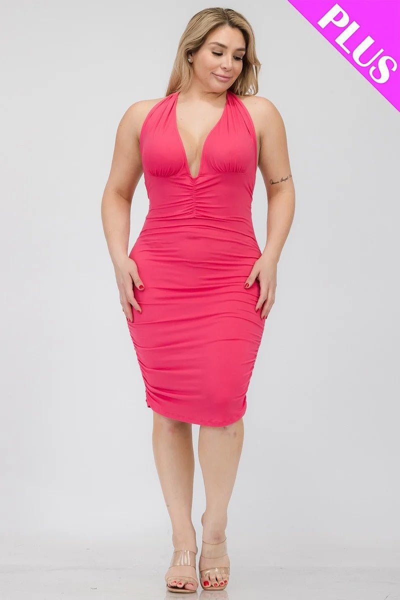 Plus Plunging Neck Crisscross Back Ruched Bodycon Mini Dress - Passion 4 Fashion USA