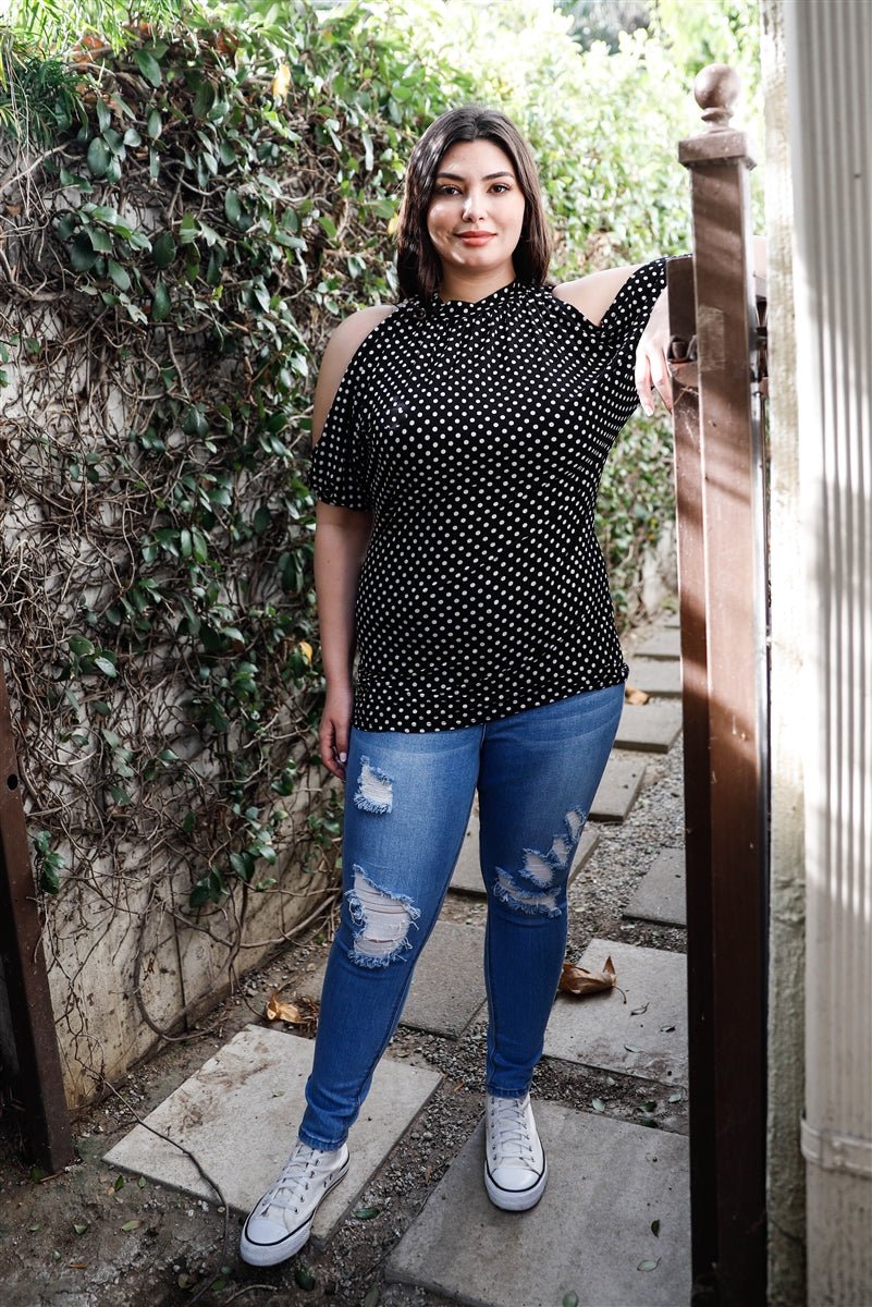 Plus Polka Dot Cold Shoulder Short Sleeve Back Self-tie Top - Passion 4 Fashion USA