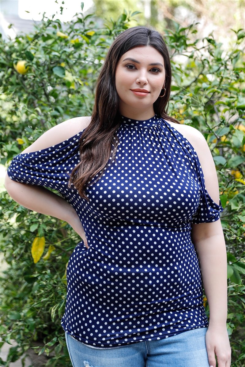 Plus Polka Dot Cold Shoulder Short Sleeve Back Self-tie Top - Passion 4 Fashion USA