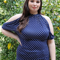 Plus Polka Dot Cold Shoulder Short Sleeve Back Self-tie Top - Passion 4 Fashion USA